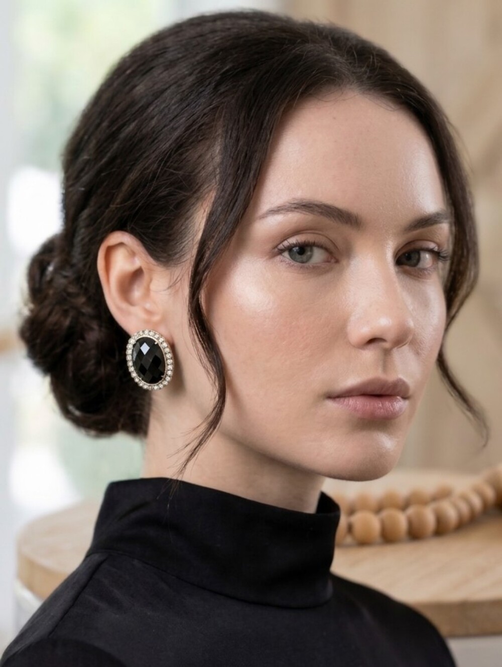 Women's Gold Faceted Onyx Style Statement Earring Stud With Crystal Halo